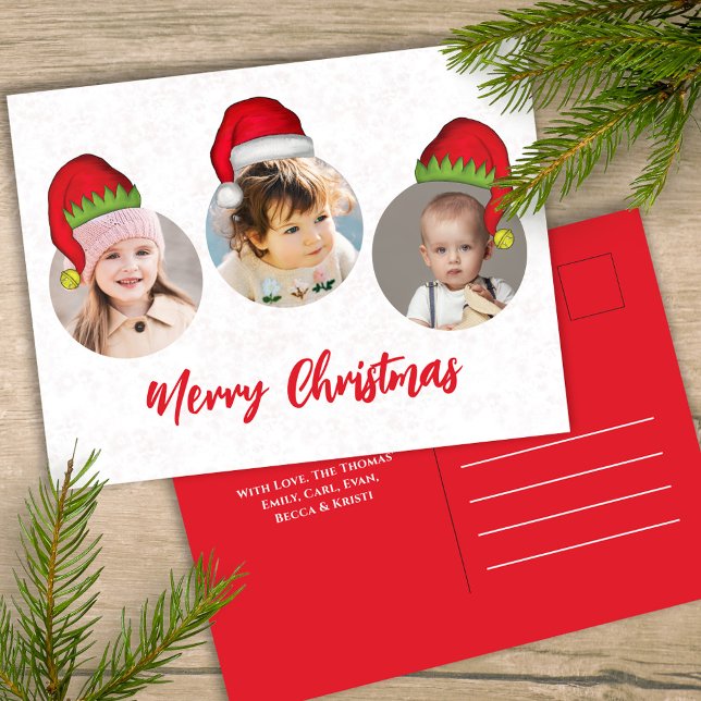Julgrå Santa Elf Funny Whimsical 3 Photo Helg Vykort (Merry Christmas holiday three photo postcard template with circle photo template. )
