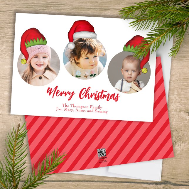 Julgrå Santa Elf Funny Whimsical 3 Photo Julkort (Merry Christmas cute whimsical multi-photo greeting card with a three-photo template. )