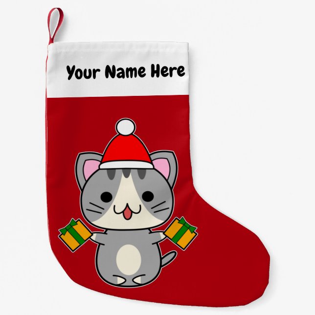 Julgrå tabbykatt liten julstrumpa (Framsidan)