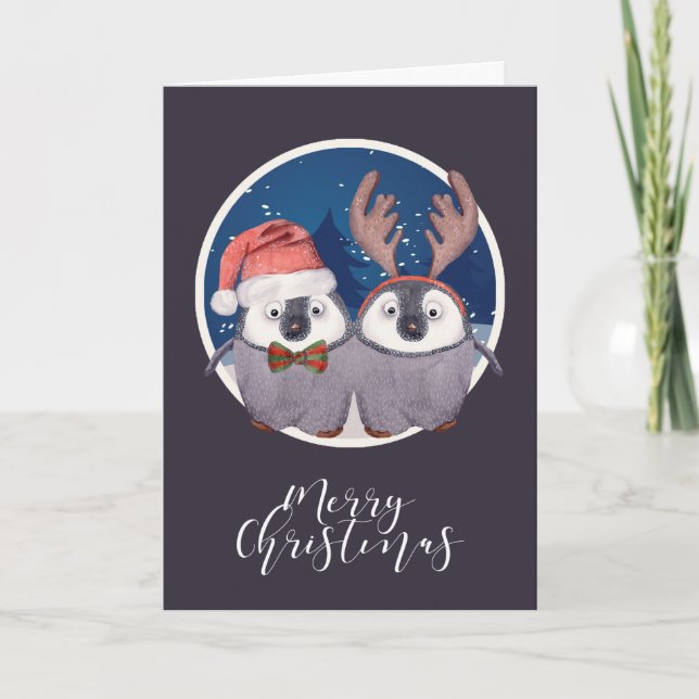 Julgrädden Santa och Reindeer Penguin Couple Helgkort (Framsida)