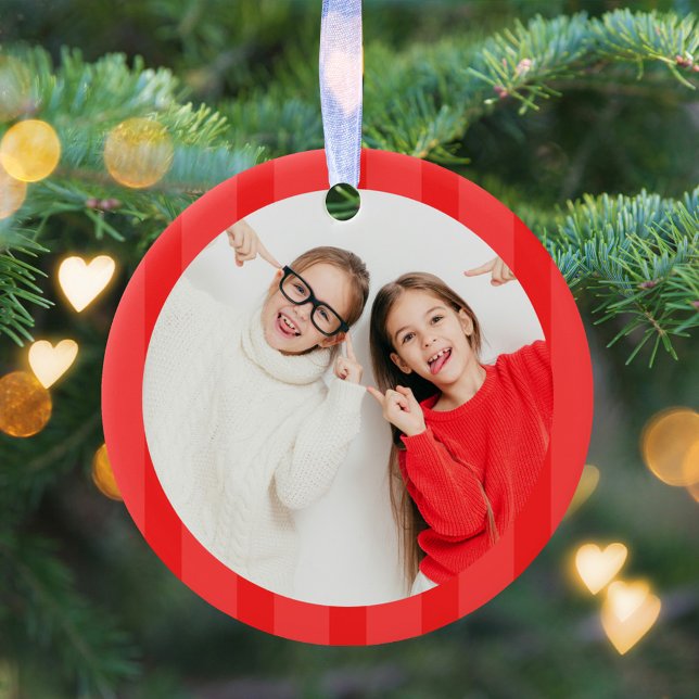 Julgräddfärgad, vit, vit Roligt Julgransprydnad Keramik (Simple red striped photo Christmas ornament. )