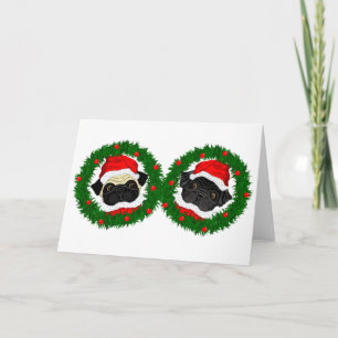 Julgräddningen Black Pug och Fawn Pug Santa Helgkort