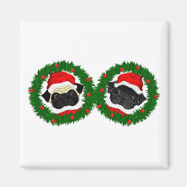 Julgräddningen Black Pug och Fawn Pug Santa Magnet (Framsidan)