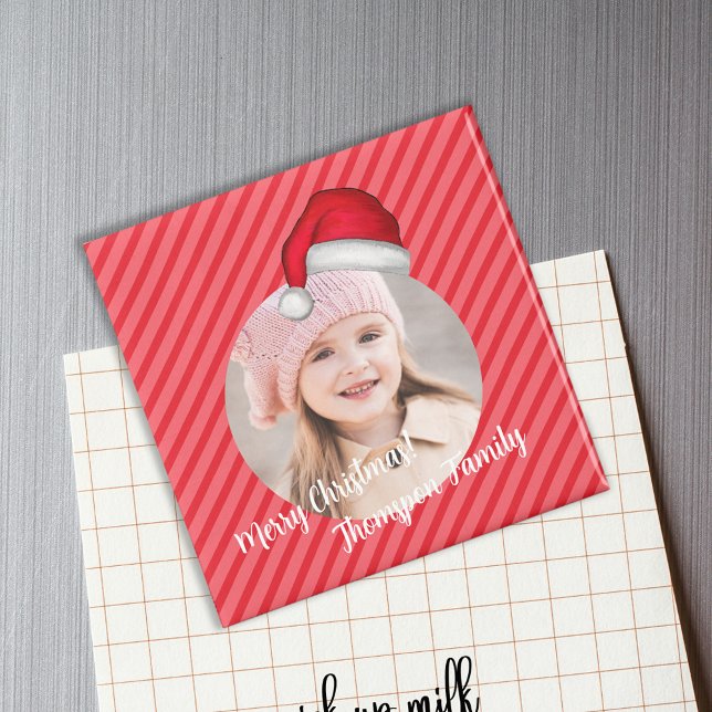 Julgräddningen Photo Santa Hat Whimsical Magnet (Cute Santa striped holiday photo magnet)