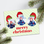 Julgräddningen Santa Elf Funny Whimsical 4 Photo Helg Vykort<br><div class="desc">Den här designen har ett God jul,  vykort med flera foton,  med rött och grönt,  en söt roligt,  fet typografi stil,  med ett enkelt minimalistiskt,  Jultomten och halva hattar,  den norra polen,  ett budgetvänligt vykort för helgdag</div>