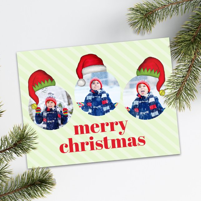 Julgräddningen Santa Elf Funny Whimsical 4 Photo Helg Vykort (Merry Christmas holiday photo card with Santa Hats)