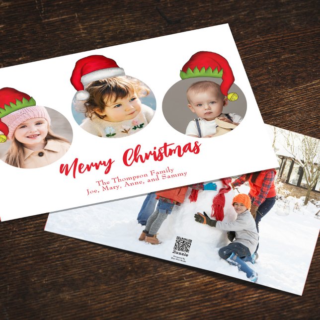 Julgräddningen Santa Elf Funny Whimsical 4 Photo Julkort (Merry Christmas cute whimsical multi photo greeting card with a four photo template. )