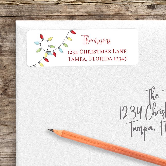 Julgräddvit, vit, färglös String Ljus Returadress Etikett (Christmas Whimsical colorful string lights return address labels. )