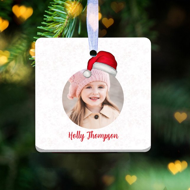 Julgräddvit Whimsical Santa Hat Photo Julgransprydnad Keramik (Red Santa Claus hat with a circle photo template. )