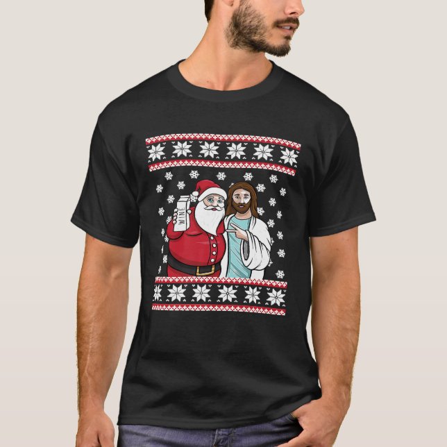 Julgrafik Santa Jesus Jingle Bros Vin Lov T Shirt (Framsida)