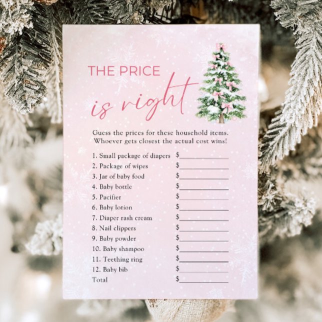 Julgran är den Prisa babysknappen Höger Inbjudningar (Pink Bows Christmas Tree The Price Is Right Baby Shower Game)
