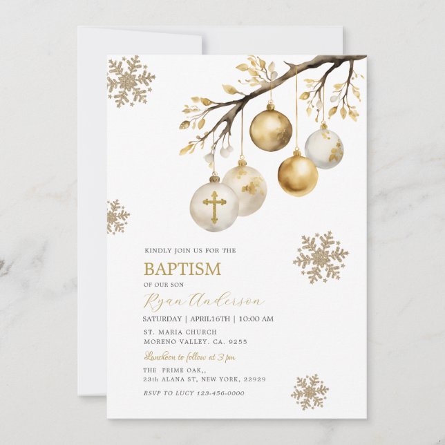 Julgran Baubles Guld Snöflingor Baptism Inbjudningar (Framsida)