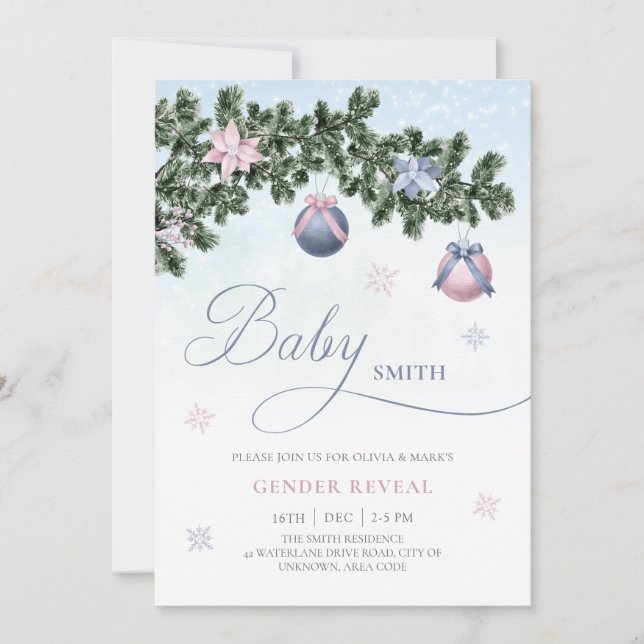 Julgran Baubles Winter Gender Reveal Inbjudningar (Framsida)
