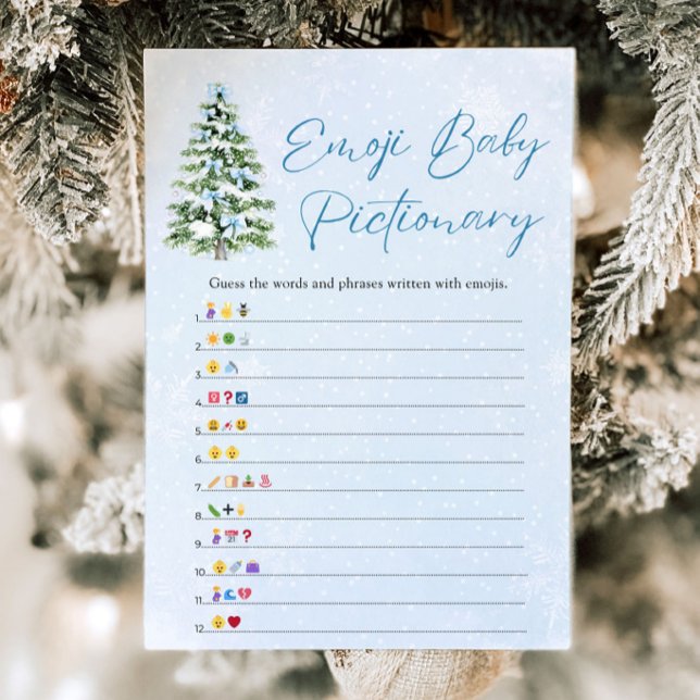 Julgran Bebis Emoji Pictionary Lek Inbjudningar (Blue Bows Christmas Tree Baby Emoji Pictionary Game)
