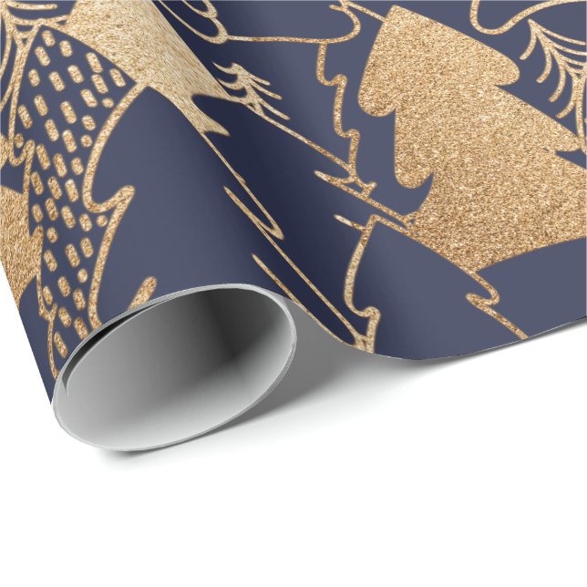 Julgran Blue Navy Guld Finare Glitter Wood Presentpapper (Rullad Hörn)