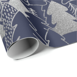 Julgran Blue Navy Silver Grått Glitter Wood Presentpapper