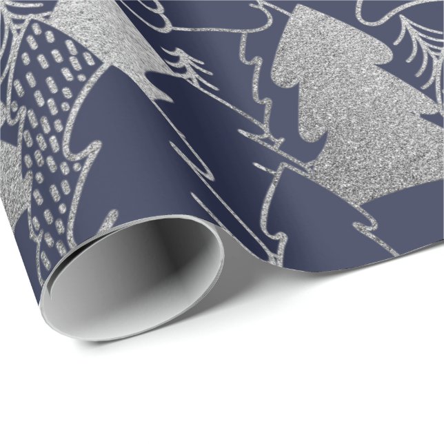 Julgran Blue Navy Silver Grått Glitter Wood Presentpapper (Rullad Hörn)