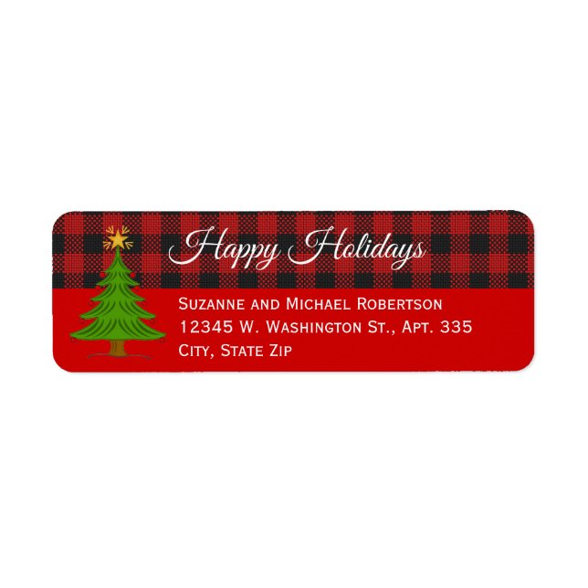 Julgran Buffalo Check Pput Rustic Land Returadress Etikett (Framsidan)