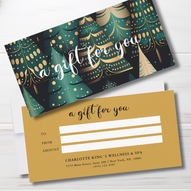 JULGRAN BUSINESS CERTIFIKAT-gåva till dig (Salon, Christmas-Tree-Green-Gold- Script Font, Elegant, Festive, Business Gift Certificate "A gift f)