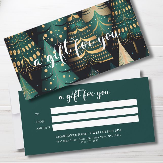 JULGRAN BUSINESS CERTIFIKAT-gåva till dig (Salon, Christmas-Tree-Green-Gold- Script Font, Elegant, Festive, Business Gift Certificate "A gift f)