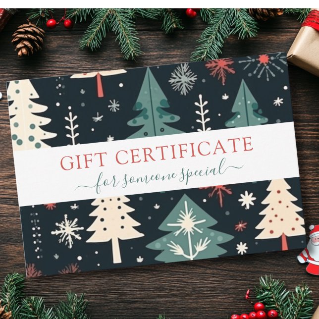 JULGRAN BUSINESS CERTIFIKAT-gåva till dig (Modern, Christmas Trees -Green, Beige, Red, Black- Pattern, Salon, Business, Gift Certificate.)