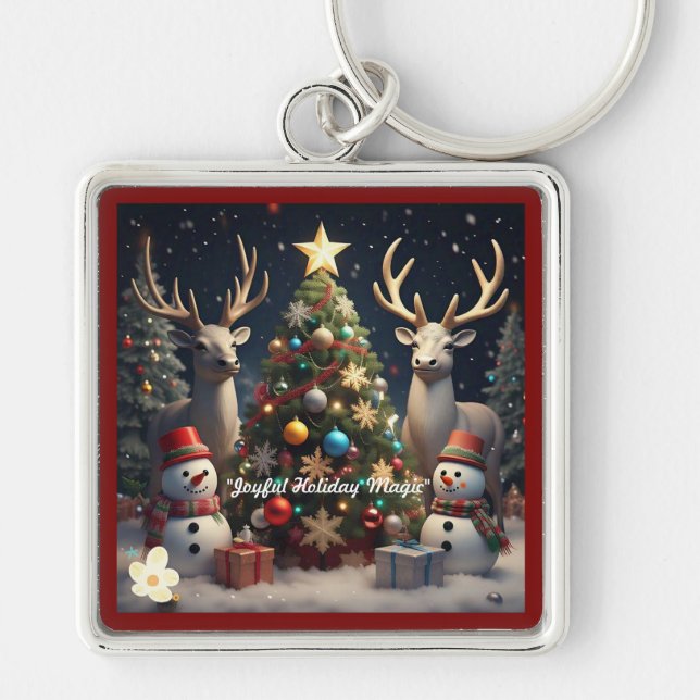 "Julgran Charm" Fyrkantig Silverfärgad Nyckelring (Framsidan)