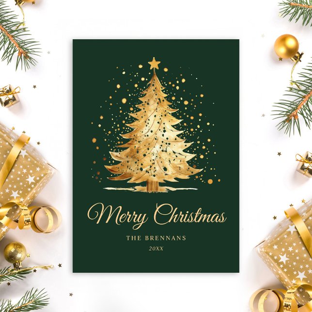 Julgran Chic Elegant minimalistisk Grönt Guld Julkort (Christmas Tree Chic Elegant Minimalist Green Gold Holiday Card)