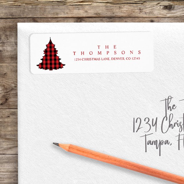 Julgran Cute Buffalo Play Simple Returadress Etikett (Christmas holiday return address label with cute buffalo plaid tree. )