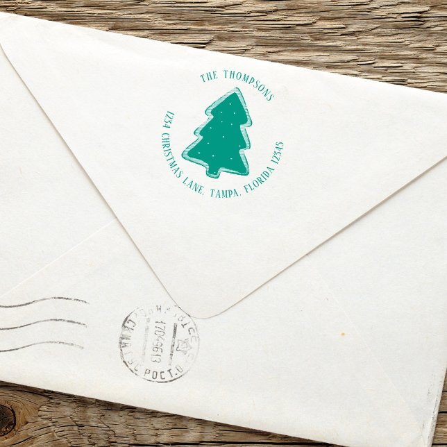 Julgran Cute Helgdag för enkel Returadress Självfärgande Stämpel (Simple Christmas Tree cookie cutout return address stamp.)