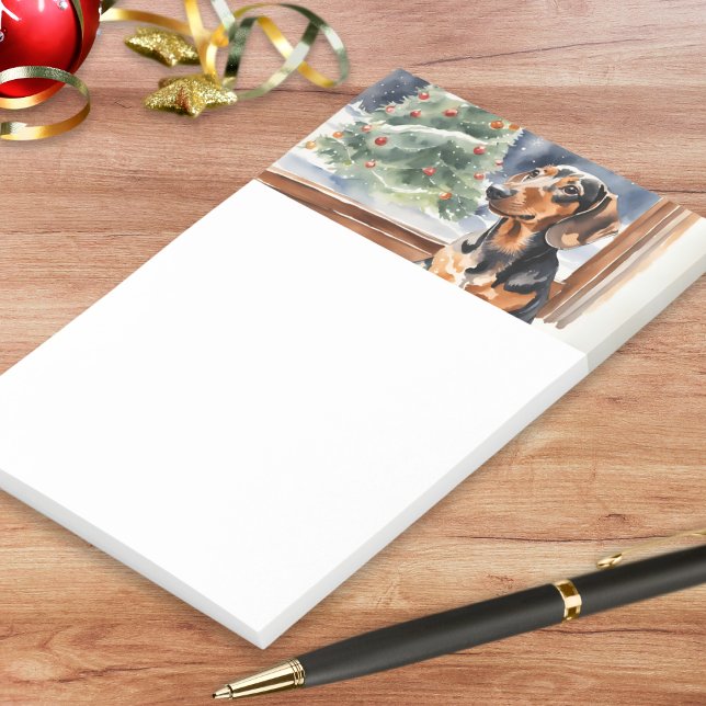Julgran Dachshund Sausage Hund Vattenfärg Post-it Block (A pad of sticky notes for dachshund lovers, with picture of a sausage dog with Christmas tree)