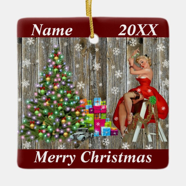 Julgran Dam i Red Dress Rustic Barn Board Julgransprydnad Keramik (Framsida)