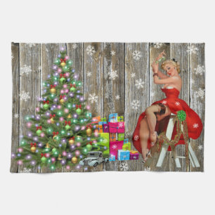Julgran Dam i Red Dress Rustic Barn Board Kökshandduk