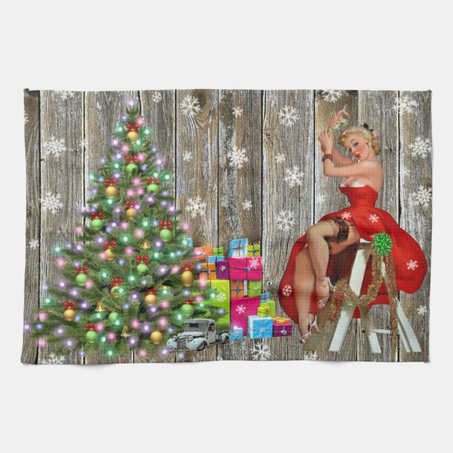 Julgran Dam i Red Dress Rustic Barn Board Kökshandduk (Horisontell)