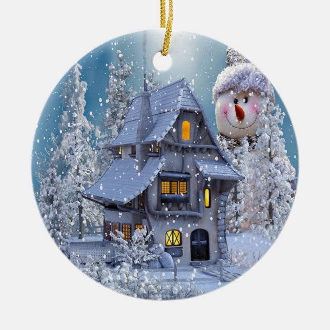 Julgran Dekor Vinter Vit Snöman Blå Julgransprydnad Keramik (Framsidan)