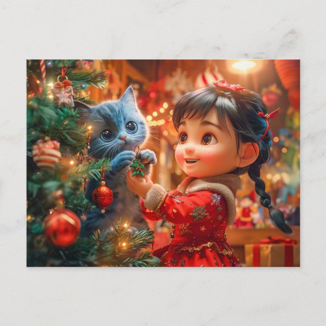 Julgran dekorerad med katt helg vykort (Framsida)