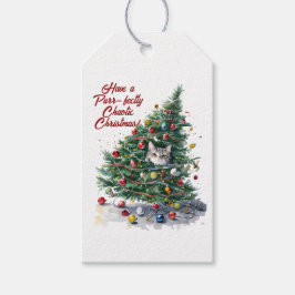 Julgran Design med Kattkaos i Vattenfärg Presentetikett
