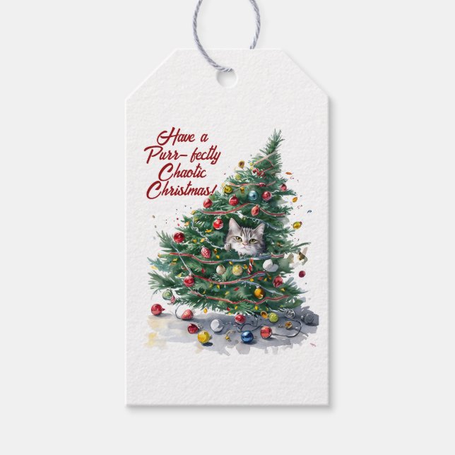 Julgran Design med Kattkaos i Vattenfärg Presentetikett (Framsidan)