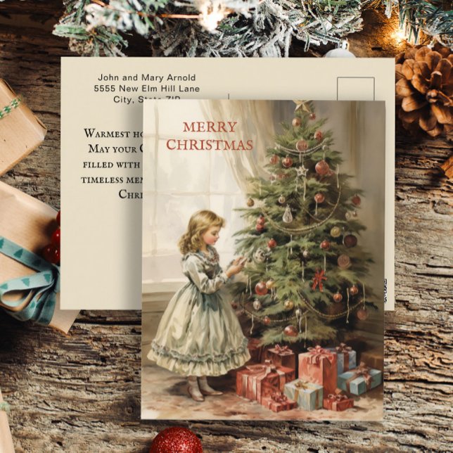 Julgran Flickpresenter Vintage Helg Vykort (Vintage girl and tree Christmas greeting postcard)