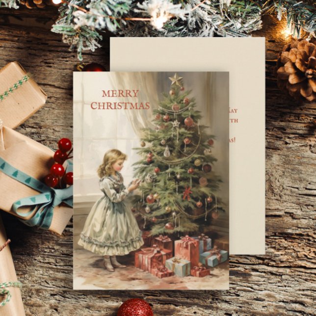 Julgran Flickpresenter Vintage Julkort (Vintage girl and Christmas tree greeting card customizable with your own text.)