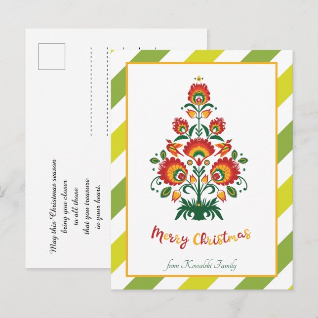 🎄 Julgran folklore [rött, gult] på stripsten Helg Vykort (Fram/baksida)