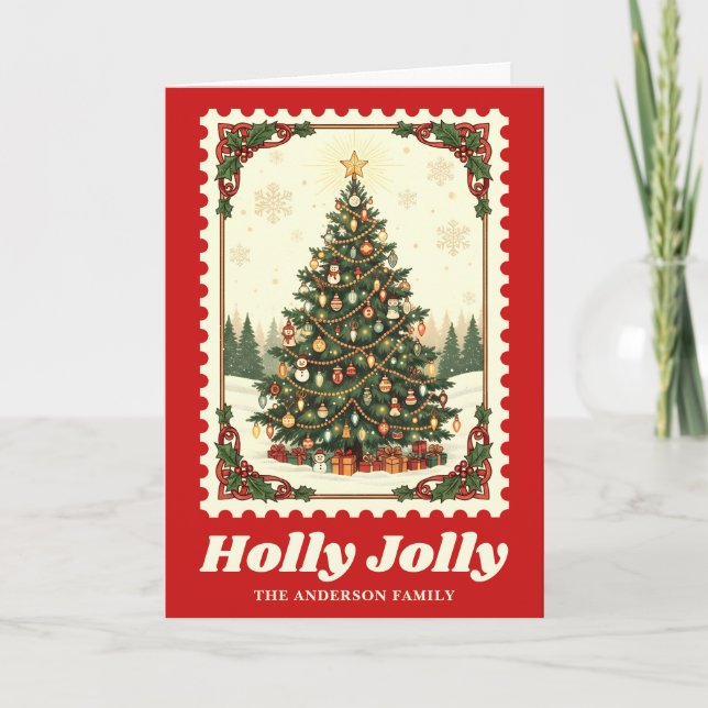 Julgran frimärkestämpel med Holly Jolly Helgkort (Framsida)