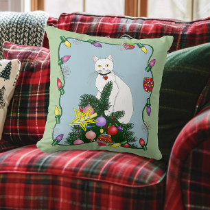Julgran Funny White Cat Kudde