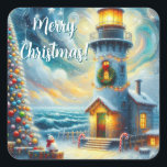 Julgran fyr Nautisk kustblått Fyrkantigt Klistermärke<br><div class="desc">Julgran fyr Nautisk kustblått</div>