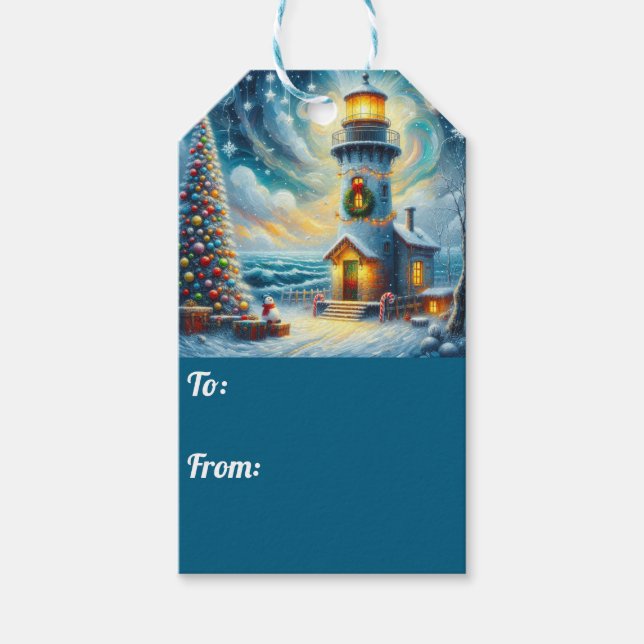 Julgran fyr Nautisk kustblått Presentetikett (Framsidan)