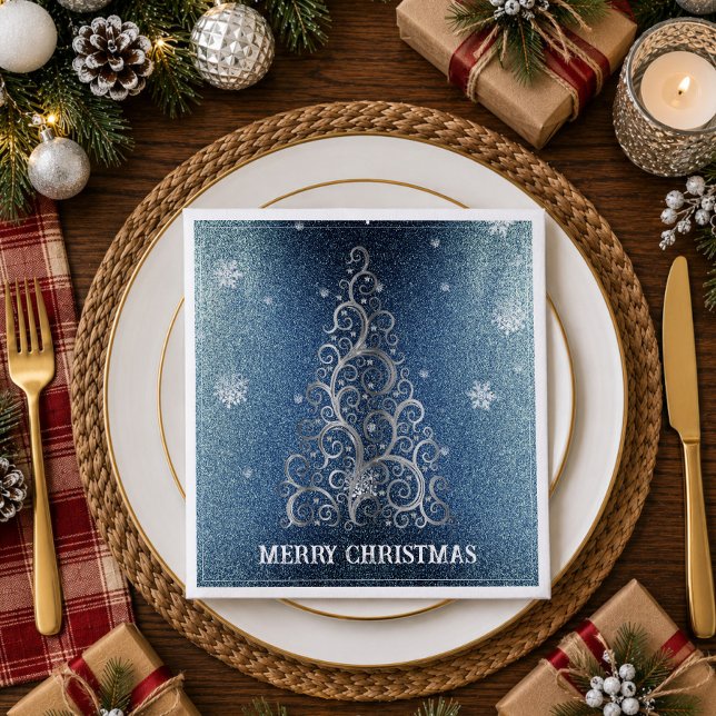 Julgran Glitter och Snöflingor | Blå Pappersservett (Blue Christmas Tree Glitter and Snowflakes Napkins)