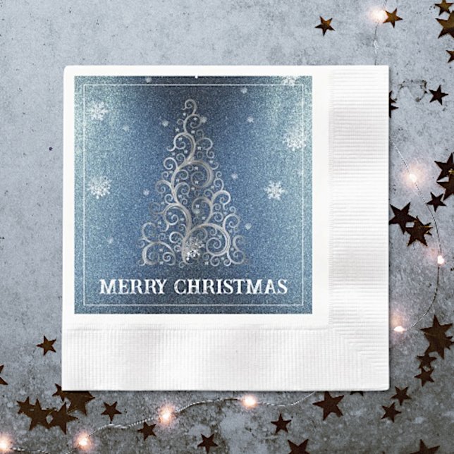 Julgran Glitter och Snöflingor | Blå Pappersservett (Blue Christmas Tree Glitter and Snowflakes Napkins)