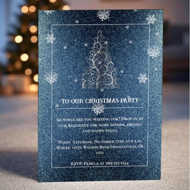 Julgran Glitter och Snöflingor | Blå Party Inbjudningar (Blue Christmas Tree Glitter and Snowflakes Party Invitation)