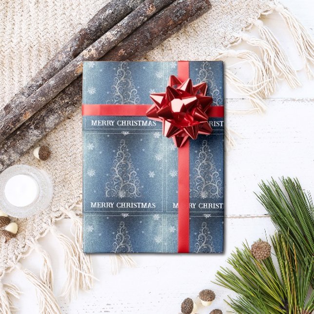 Julgran Glitter och Snöflingor | Blå Presentpapper (Blue Christmas Tree Glitter and Snowflakes Wrapping Paper)