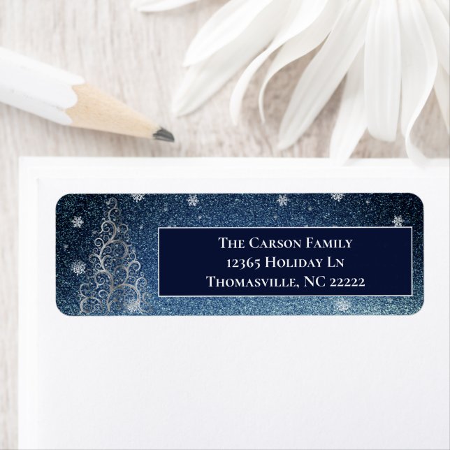 Julgran Glitter och Snöflingor | Blå Returadress Etikett (Insitu)