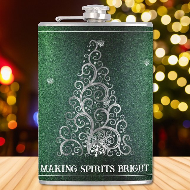 Julgran Glitter och Snöflingor | GRÖNT Fickplunta (Green Christmas Tree Glitter and Snowflakes Flask)